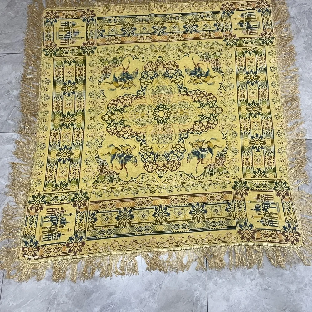 Vintage Yellow Silk Tapestry with Mosque/Equestrian Design. Wall hanging/throw.